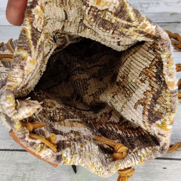 Small boho Crossbody Vintage Fold Over Bag Damask Fabric Braided Leather Strap - Picture 8 of 15